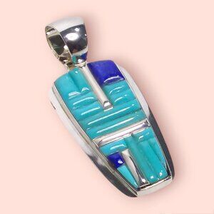 VF 925 Sterling Silver Pendant Kingman Turquoise Lapis Lazuli Cornrow Inlay NEW